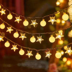 Obrazek Girlanda 3m (20 lampek LED) USB Gwiazdki + Kulki, CIEPŁY BIAŁY