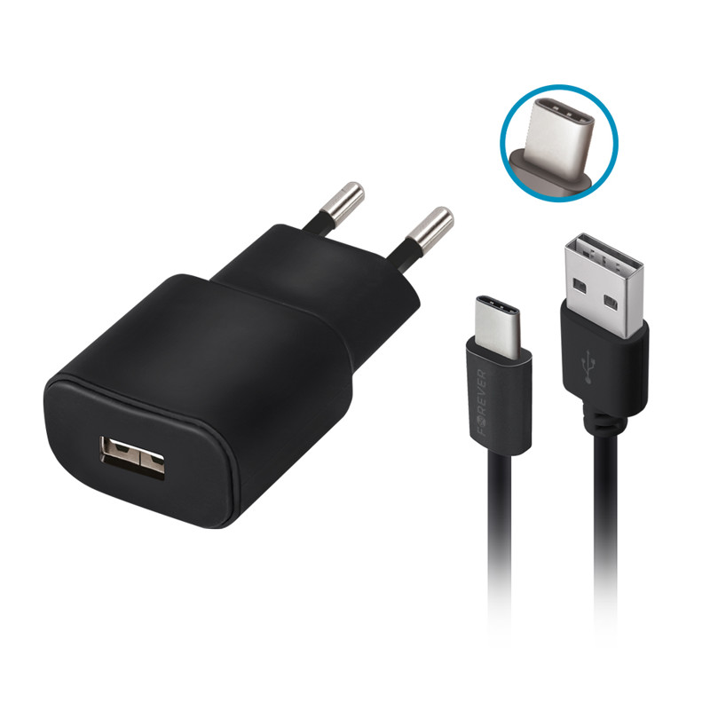 Obrazek Forever ładowarka sieciowa TC-01 1x USB 2A czarna + kabel USB-C