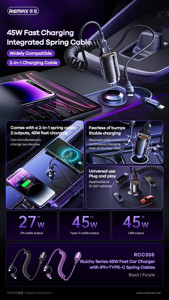 Obrazek Ładowarka Samochodowa REMAX RUICHY SERIES 45W RCC356 + KABEL LIGHTING/USB-C BLACK