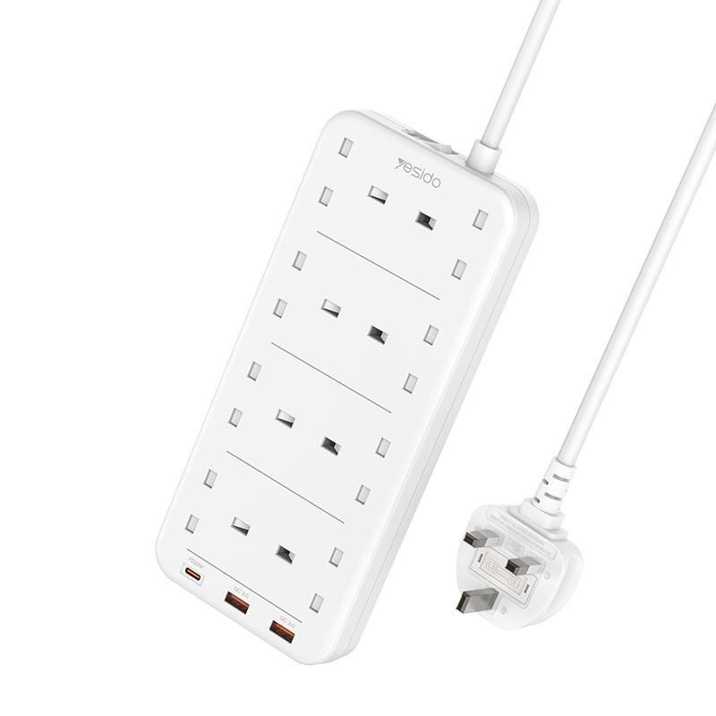 Obrazek Yesido MC16 Przedłużacz 11w1 (UK) 2m Fast Charge 3250W, 8xUK+2xUSB-A+C, BIAŁY