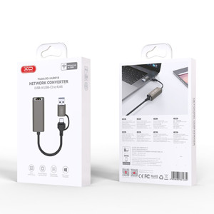 Obrazek XO ADAPTER HUB HUB018 2w1 USB/USB-C/RJ45 Szary