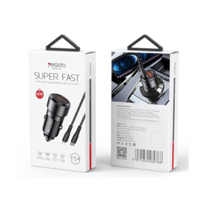Obrazek Yesido ładowarka samochodowa Y54 60W QC3.0 USB-A+C + Kabel 60W Type-C - Lightning , BLACK / CZARNY