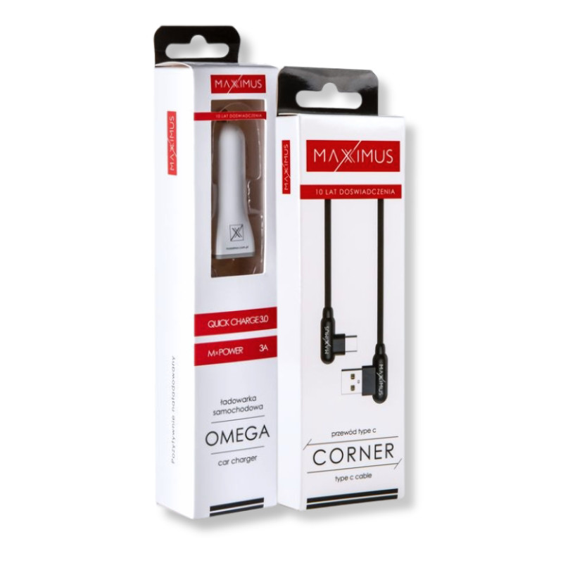 Obrazek Zestaw ładowarka samochodowa Maxximus Omega 3A + KABEL MX CORNER FAST CHARGE TYPE-C