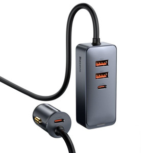 Obrazek Ładowarka samochodowa BASEUS SHARE TOGETHER 2xUSB 2xUSB-C 120W Z PRZEDŁUŻACZEM SZARA/GREY