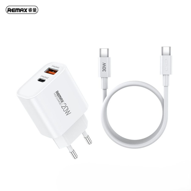 Obrazek Ładowarka sieciowa REMAX CABLE SET 20W RP-U120 USB/USB-C + KABEL USB-C/USB-C WHITE