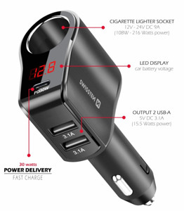 Obrazek Ładowarka samochodowa SWISSTEN 1xPD 2xUSB 1xGNIAZDO ZAPALNICZKI 108-216W