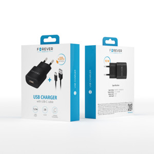 Obrazek Forever ładowarka sieciowa TC-01 1x USB 2A czarna + kabel USB-C